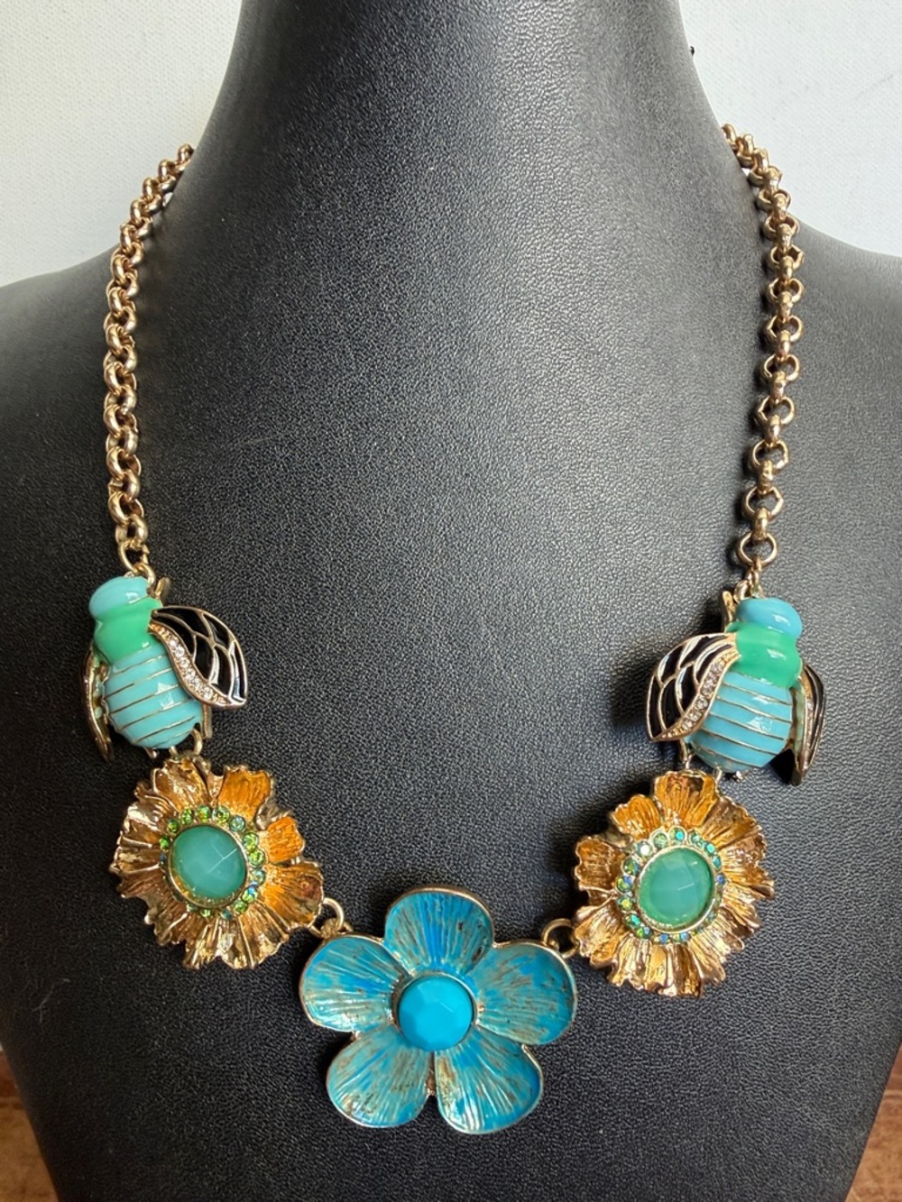 Gold-Tone Turquoise Flower & Bee Necklace